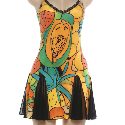 Whatiwear Fashion Mini Dress Woman Colorful Print Mesh Patchwork Low-Neck Backless Sleeveless Summer Holiday Beach Style Bodycon