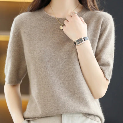 Short-sleeved Knitwear O-neck T-shirt Wool Cotton Blend Pullover Vest Sprig Summer Bottoming Tops Sweater