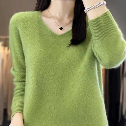 Fashion100% Merino Wool Sweater Cashmere  Pullover Women Knitwear V-Neck Long Sleeve  Autumn Winter Fashion Basic Clothing  Tops