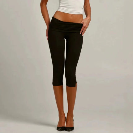 Individuality Low Rise Split Hem Length Skinny Pants Women Solid Fold Over Capri Leggings Casual Summer Streetwear Yoga Pants