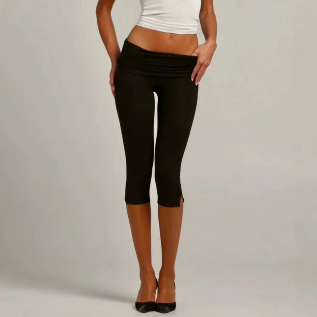 Individuality Low Rise Split Hem Length Skinny Pants Women Solid Fold Over Capri Leggings Casual Summer - product image 2