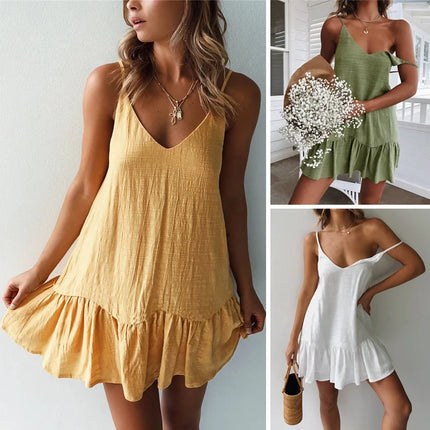Women Slip Loose Dress Summer V neck Sleeveless Solid Yellow Vacation Beachwear Mini Pleated Ruffle Party Vestidos KYMY-LH0062