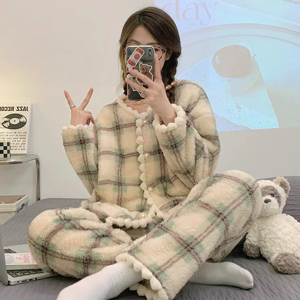 2025 New Flannel Plaid Sleepwear Women Winter Ruffles Pajama Pants Warm 2 Pieces Fluffy Button Night Wears  Set Home Wear