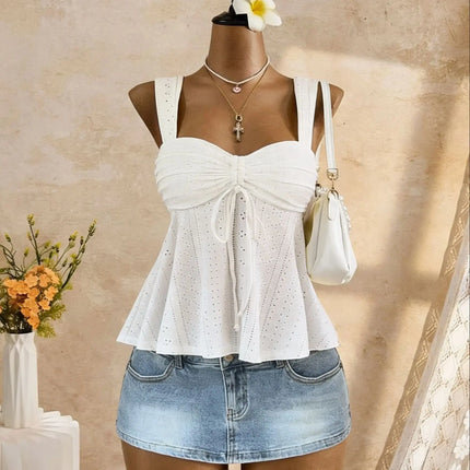 Women Sweetheart Neck Drawstring Ruched Peplum Cami Top Polka Dot Print Sleeveless Casual Camisole Outfit