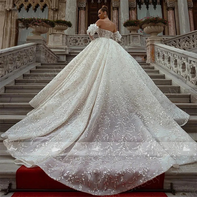 Glitzer-Hochzeitskleid Pailletten mit Perlenstickerei Ballkleid abnehmbare volle Ärmel trägerlos Braut Reißverschluss maßgeschneidertes Vestido De Novia