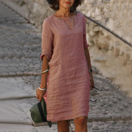 Women's Dress Solid Color Round Neck Cotton Linen V-neck Splicing Retro Three-quarter Sleeve Summer Women's Linen Cotton Dress