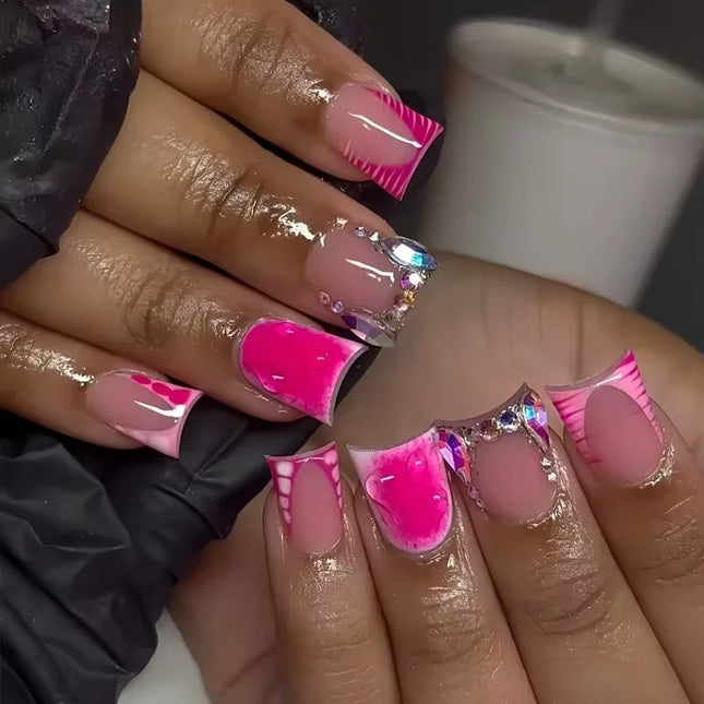 24 uñas postizas cortas con diseño de pico de pato, francesas azules, con diamantes de imitación brillantes en forma de estrella y degradado Y2k, para pegar.