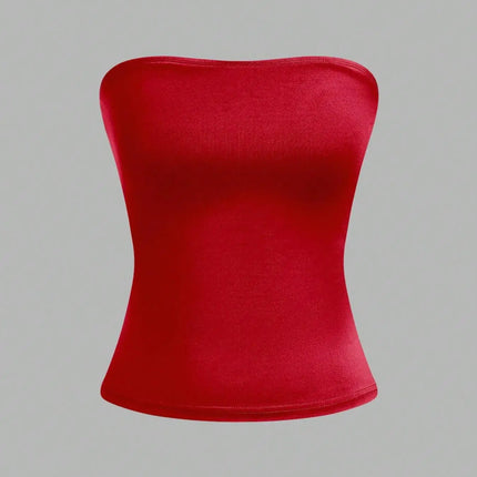 Women Red Solid Color Strapless Bandeau Top Casual Slim Fit Form Fitting Tube Top For Daily Wear Streetwear & Y2K Style
