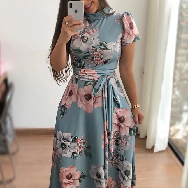 Slim Dresses Casual Long Sleeve Round Neck Flower Printed Dress Strap Floor-Length Long Skirt Clothing
