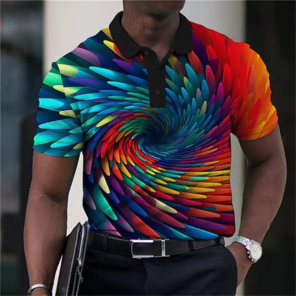 3D Printed Optical Illusion Polo Shirt Men Rainbow Stripes Graphic Short Sleeves Summer T Shirts Top Casual Breathable Lapel Tee