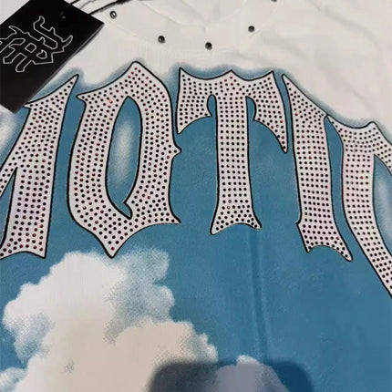 Fashion Brand Mixed Emotion Embroidery Rhinestone American Streetwear Angel Print Hot Diamond Top Tee Men Women Loose T shirts