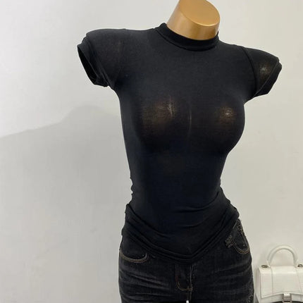 Half-high Collar T-shirt korean Transparent Short-sleeved Slim-fit Elastic Solid Inner Bottoming Shirt Sexy
