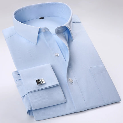 Men's Spread Collar French Cuff Dress Shirt Long Sleeve Formal Business Buttons Male Wedding Shirts Regular Fit Cufflinks Shirt