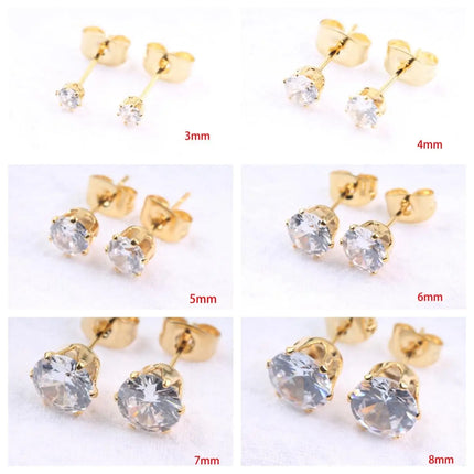 1 Pair Gold Sliver Color Stainless Steel Clear Cubic Zirconia Stud Earrings for Men Women Daily Wear Jewelry Sizes 3-8mm