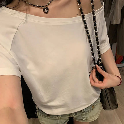 1pcs Summer Women Basic Model Solid Color T-Shirt Lady Short-Sleeved Skew Collar t-Shirt Female Street Style Sexy Slim Fit Tee