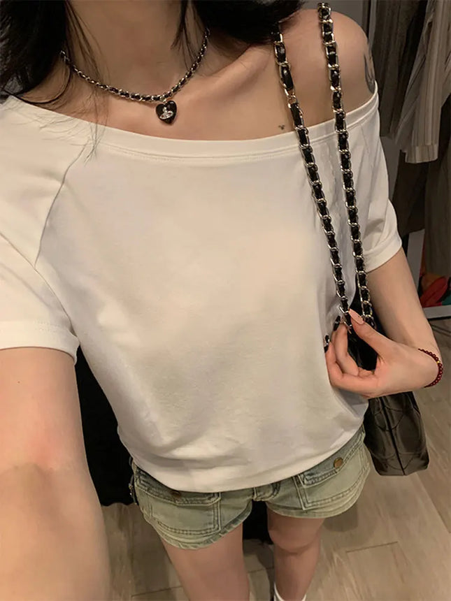 1 Stück Sommer Damen Basic Modell Einfarbiges T-Shirt Dame Kurzarm Schräger Kragen T-Shirt Weiblicher Street Style Sexy Slim Fit Tee