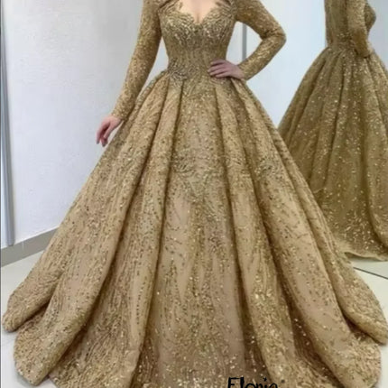 Gold Women Wedding Dress Princess Ball Gown Luxury 2026 Full Sleeves Bridal Dresses Muslim Modest Wedding Gowns Customized Beads