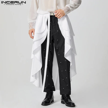 INCERUN American Style Pantalons Stylish Men Ruffled Double Layered Half Skirt Pants Casual Clubwear Male Solid Lace Up Trousers