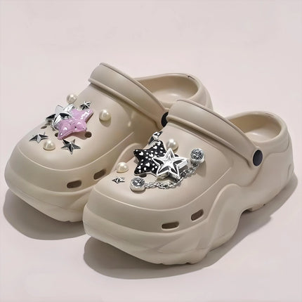 Women DIY Silver Butterfly-Knot Fashion Bow Decor Clogs Summer Sping Autumn Beach Sandals Cave Hole Garden Shoes Students Girls