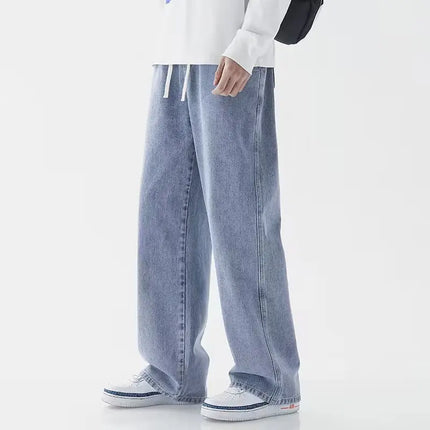 Korean Solid Colors Men's Casual Long Jeans Classic male Four Seasons Straight Denim Wide-leg Pants Light Blue Grey Black S-3XL