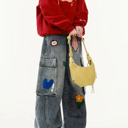 Embroidered Harajuku women's jeans American casual style retro straight leg high street wide leg pants Y2k loose jeans for womem