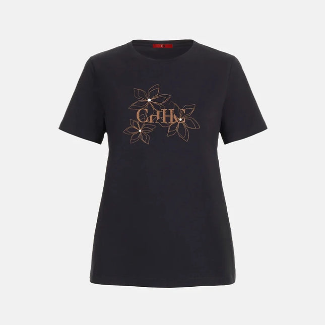 CH Crew Neck T Shirt Floral Embroidery Pearl Decor Short Sleeve Casual Daily Wear Basic Tops