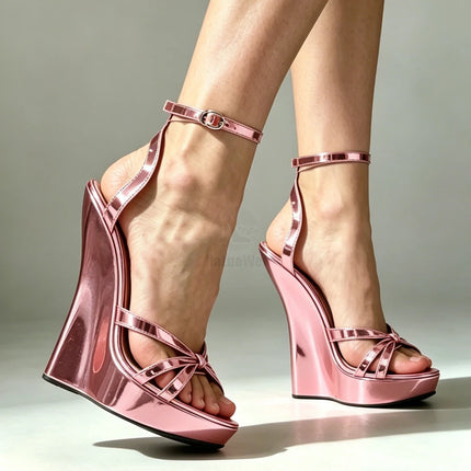 18CM Gold Metallic Wedge High Heels Sandals Women Sexy Ankle Strap Platform Pumps Unisex Fetish Shoes