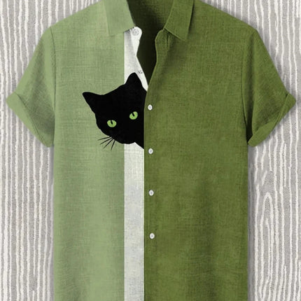 Men's Japanese Retro Art Black Cat Print Shirt Short Sleeve Stand up Collar Single Breasted Casual Linen Top for Vacation