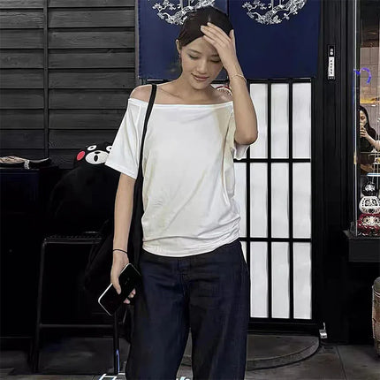 1pcs Summer Women Basic Model Solid Color T-Shirt Lady Short-Sleeved Skew Collar t-Shirt Female Street Style Sexy Slim Fit Tee