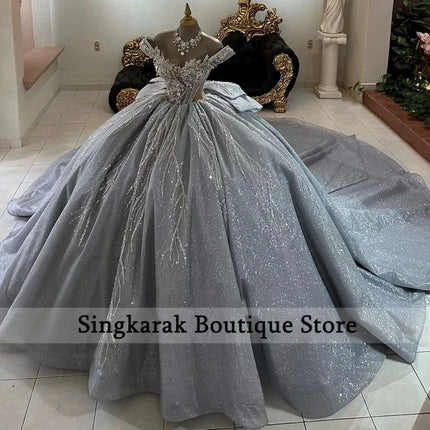 Silver Quinceneara Ball Gown Dresses for Women Sequin Lace Rhinestones Wedding Party 15 Anos Vestido Customized