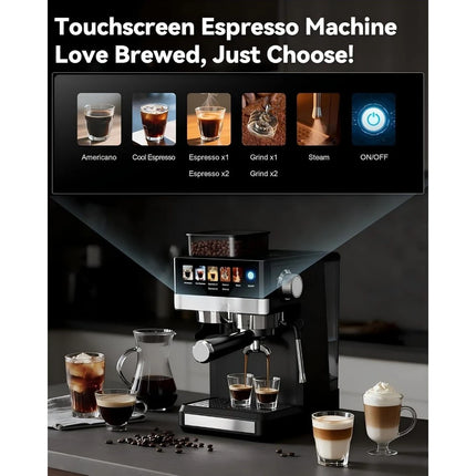 20Bar Compact Espresso Coffee Maker with Grinder and Milk Frother for Home Cappuccino Latte Americano and Iced Cold Brew