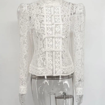 Summer Lace Printed Shirts Tops Hollow Out Commute Vintage See-Through Blouse Lace Shrug Shirts