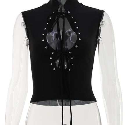 T-Shirts Tees Tops Hollow Out Solid Slim Sleeveless Half High Collar Party Dark Club Street Style Chic