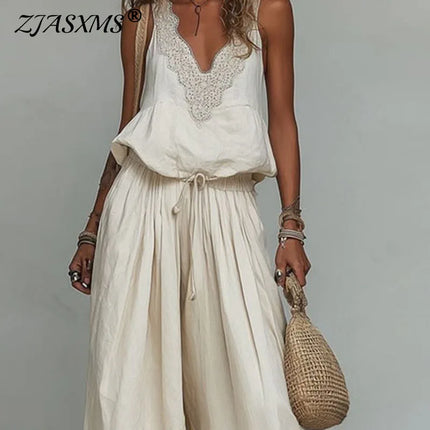 Women Sleeveless Lace V Neck Set Camisole Drawstring Waist Baggy Pants Suit Breathable Vacation Bohemian Casual Two Piece Outfit