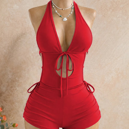 American-Style Spicy Girl Red One-Piece Jumpsuit, Halter Neck, Deep V, Backless, Tie-Waist, Slimming, Short Beach Vacation Jumpsuit