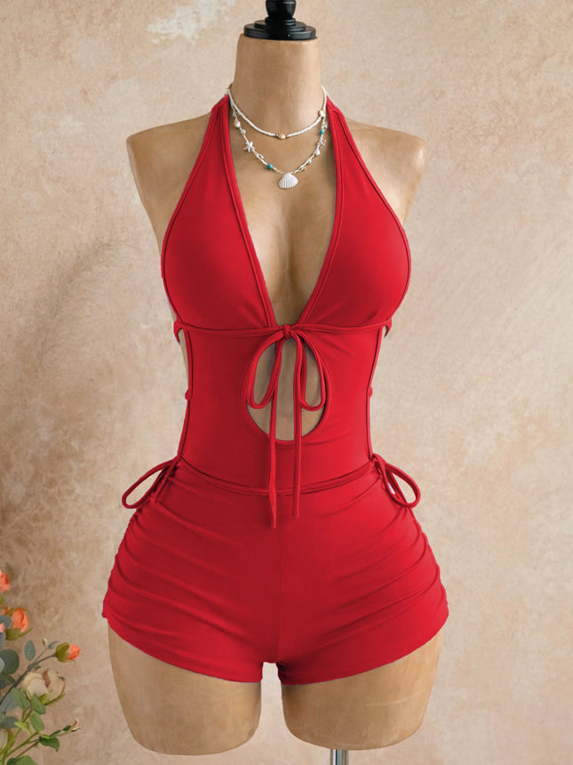 American-Style Spicy Girl Red One-Piece Jumpsuit, Halter Neck, Deep V, Backless, Tie-Waist, Slimming - product image 5