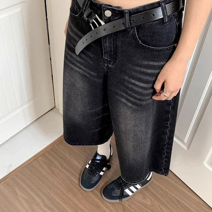 High Waist Black Retro Washed Denim Shorts Women's Harajuku Vintage Fashion Casual Loose Y2K Streetwear Mid Long  Wide Leg Pants