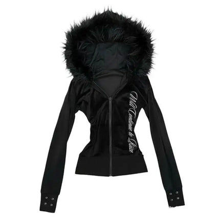 Hoodie Coat Women Punk Hooded Sweatshirt Fur Collar Jacket Zipper Pockets Female Streetwear Vintage Outerwear Spring 2026