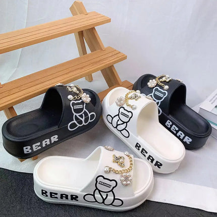 New Thick-Soled Slippers for Women, Made of Eva Material, Ultra-Light, Soft and Comfortable, Slip-On Slippers for Outdoor Wear, Cute Golden Bear Set, Beach Sandals