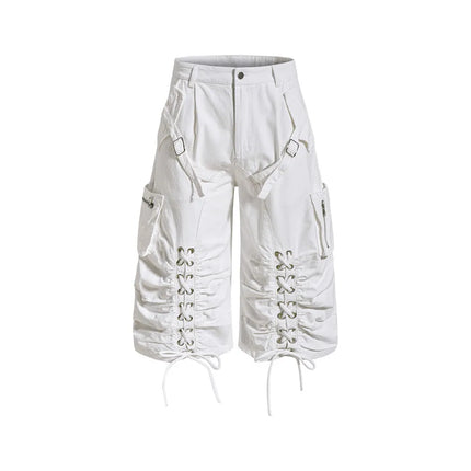 Men's Punk Gothic Lace Up Cargo Shorts High Street Ruched Bermuda Short Pants Adjustable Straps Drawstring Hem