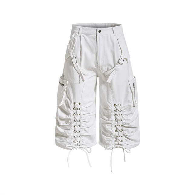 Herren Punk Gothic Schnür-Cargo-Shorts High Street Geraffte Bermuda-Shorts Verstellbare Träger Kordelzugsaum