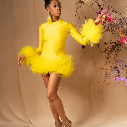 Bright Yellow High Stretchy Satin Women Short Dresses With Ruffles Trimmed Details African Women Mini Maxi Dress To Party