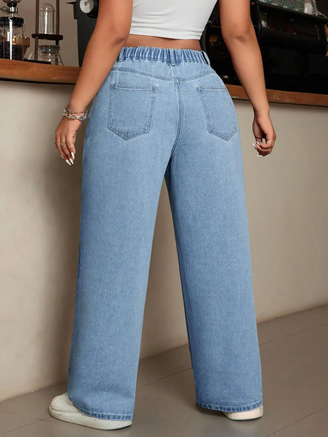 Plus Size Floral Print Wide Leg Jeans | High Waist Baggy Denim Pants