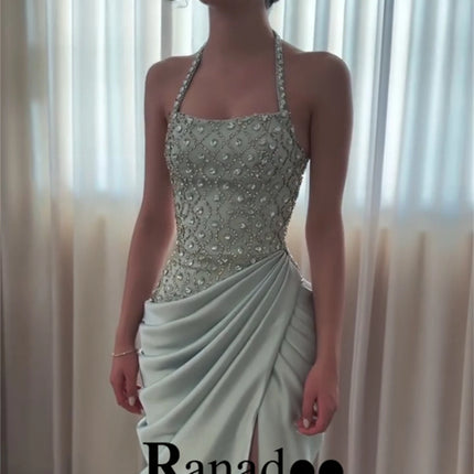 Ranadoo Luxury Halter Beaded Pleated Tiered with Slit Ruched Evening Dress Lace up Straight Vestidos De Gala 2026 Customized