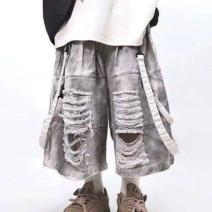 Retro Hip-hop Men's Ripped Jeans Summer American Casual Fashion Loose Street Style Washed Patchwork Male Hollow Out Shorts