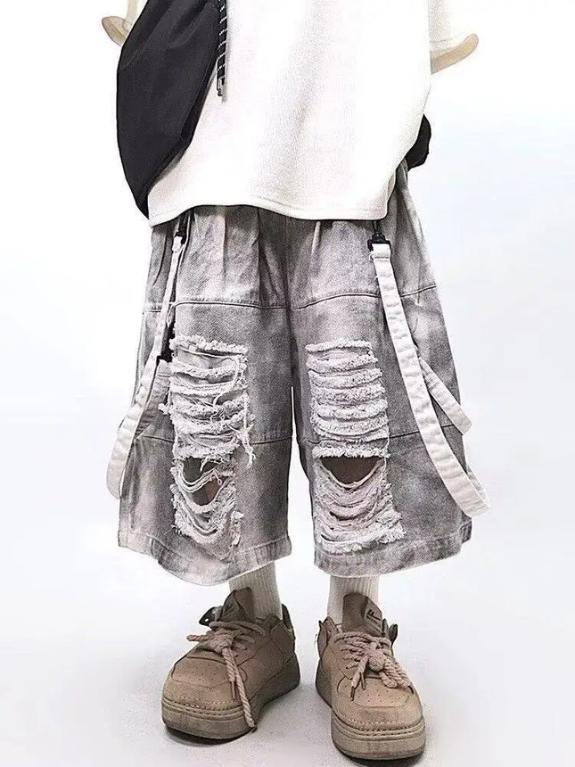 Pantalones vaqueros rotos retro de hip-hop para hombre, estilo casual americano de verano, holgados, estilo callejero, con retales lavados, shorts masculinos ahuecados