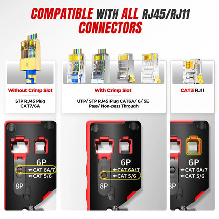 AMPCOM rj45 Crimper CAT7 Crimping Tool for Pass Through RJ11 RJ 45 Connector CAT6 CAT5E Modular Plugs With Wire Stripper Cutter