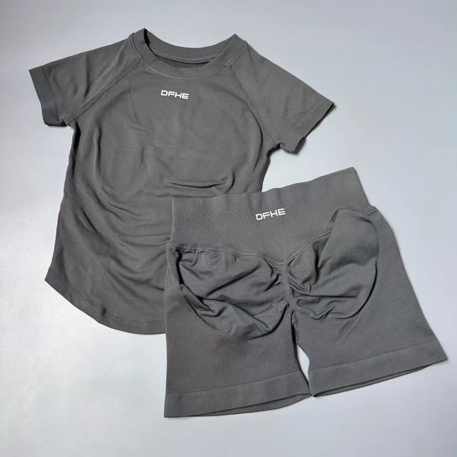 2 Piece Athletic Tracksuit, Seamless Short Sleeve Yoga Wear, High Stretch Running Shorts, Gym Training Outfit