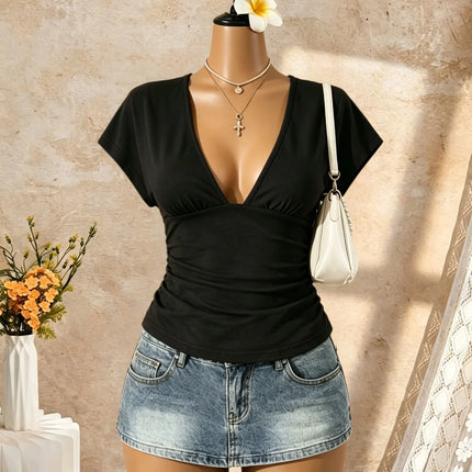 Women Short Sleeve Deep V Neck Side Ruched Wrap Crop T Shirt 2026 Summer Y2K Casual Streetwear Basic Solid Tees