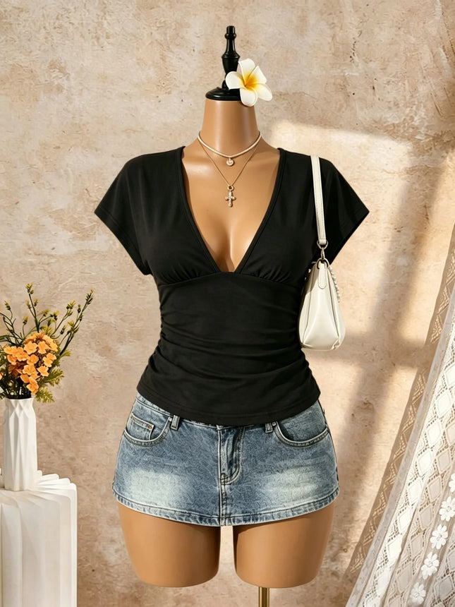 Damen Kurzarm Tiefer V-Ausschnitt Seitlich gerafftes Wickel-Crop-Top T-Shirt Sommer 2026 Y2K Lässige Streetwear Basic Einfarbige T-Shirts